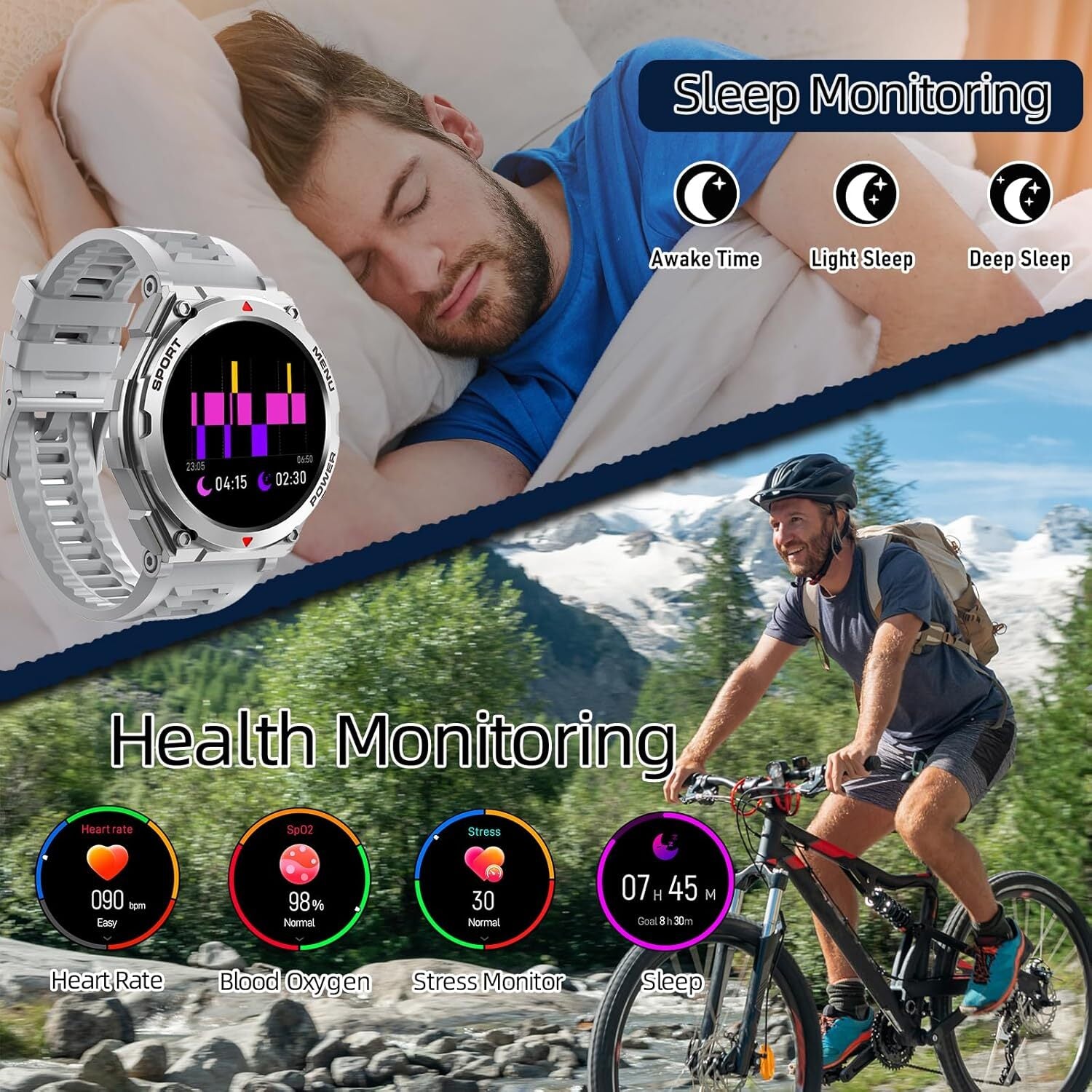 Smartwatch Militar Resistente al Agua con Monitor Cardíaco, Llamadas y Fitness