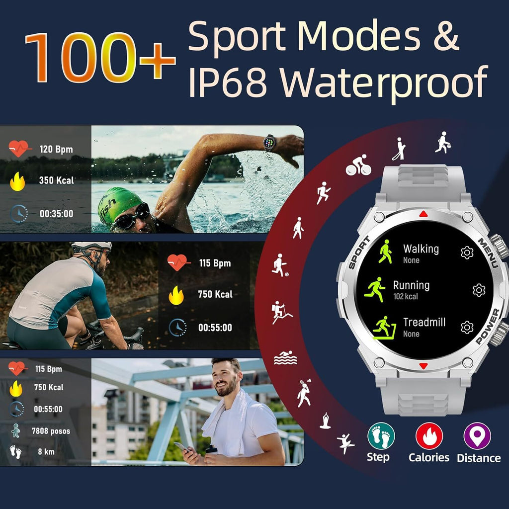 Smartwatch Militar Resistente al Agua con Monitor Cardíaco, Llamadas y Fitness