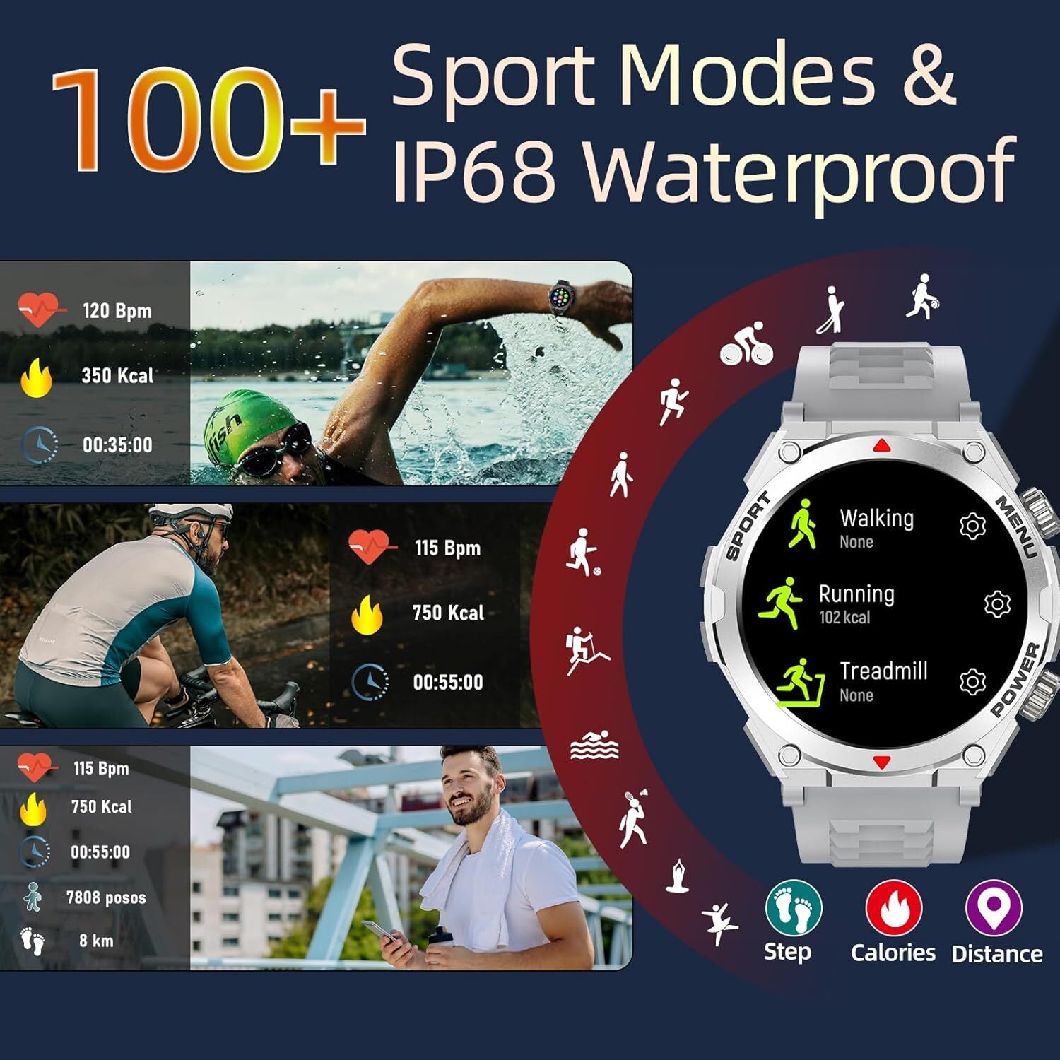Smartwatch Militar Resistente al Agua con Monitor Cardíaco, Llamadas y Fitness