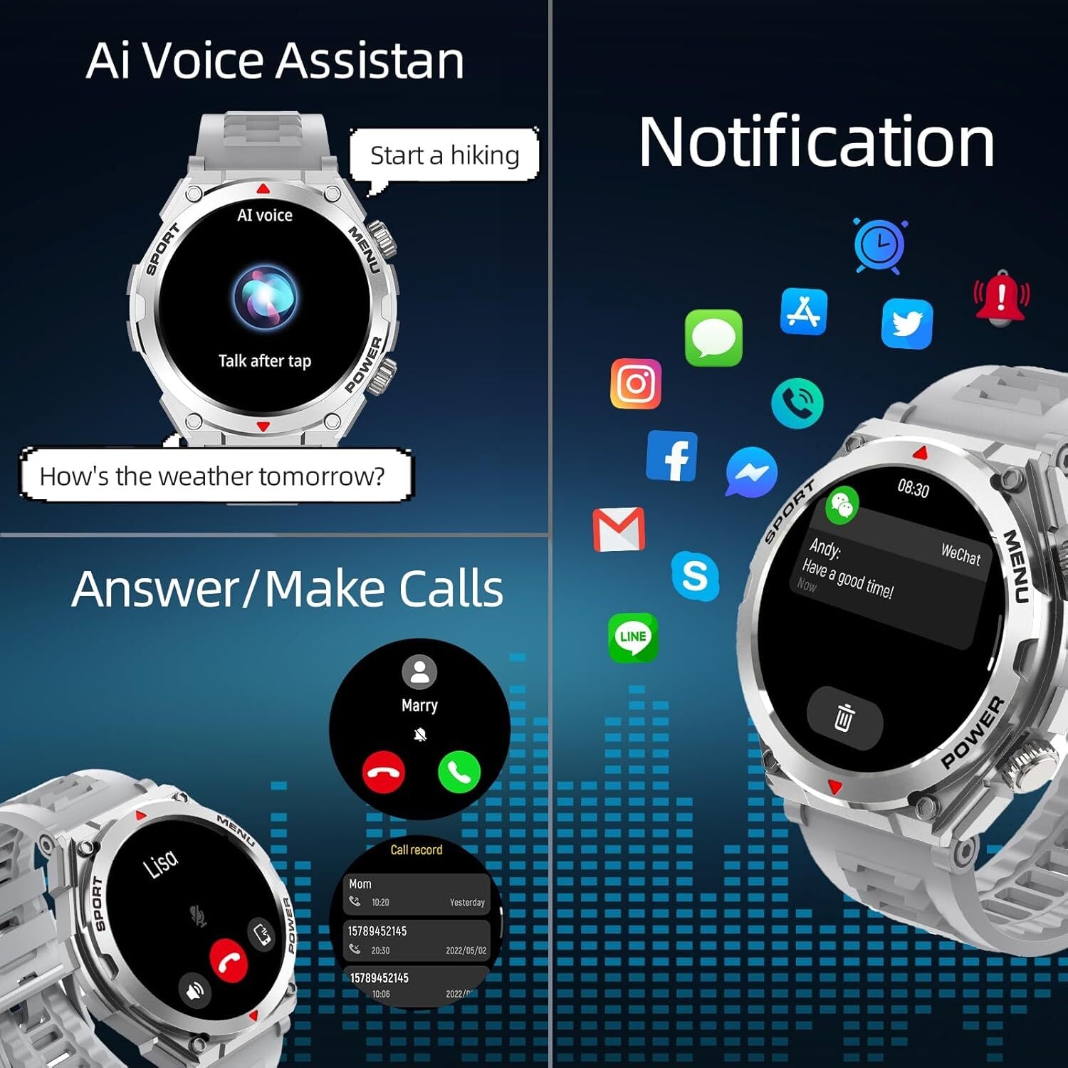 Smartwatch Militar Resistente al Agua con Monitor Cardíaco, Llamadas y Fitness